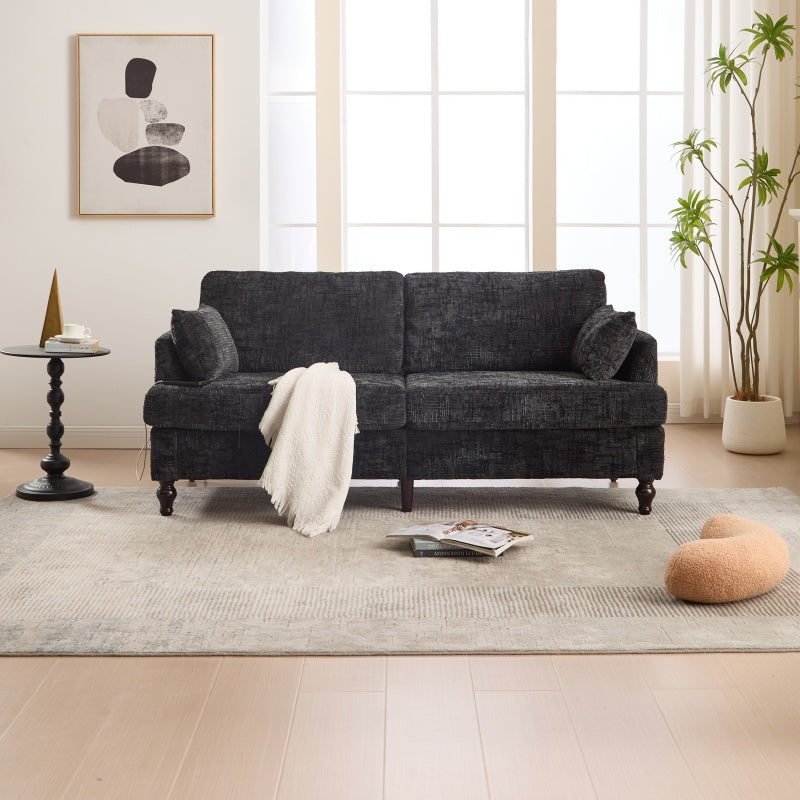 Modern Style Chenille 2-Seater Sofa with LED Light, USB Port and Storage Bag in Black-海智集-Default-