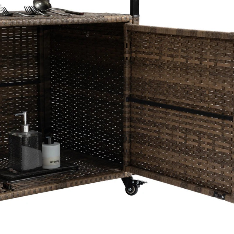 Outdoor Wicker Bar Cart, Patio Wine Serving Cart w/Wheels , Rolling Rattan Beverage Bar Counter Table w/Glass Top for Porch Backyard Garden Poolside Party, Light brown-海智集-Default-