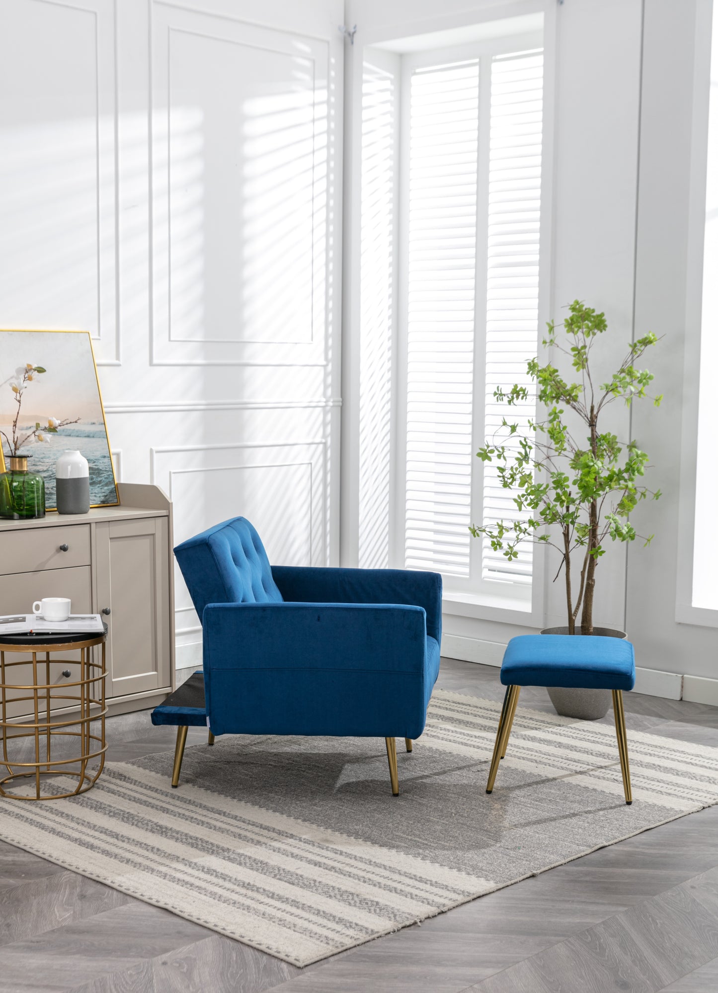 COOLMORE Velvet Accent Chair with Adjustable Armrests and Backrest, Button Tufted Lounge Chair, Single Recliner Armchair with Ottoman-海智集-Default-