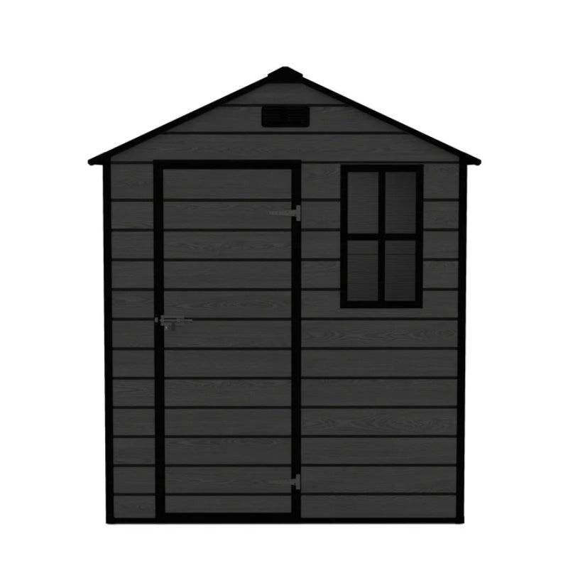 Campcraft 6*6ft resin storage shed, high quality pp material, strong structure, waterproof, rust and UV proof, large storage space, 12mm thick pp board, HD window lighting Black wood grain color-海智集-Default-