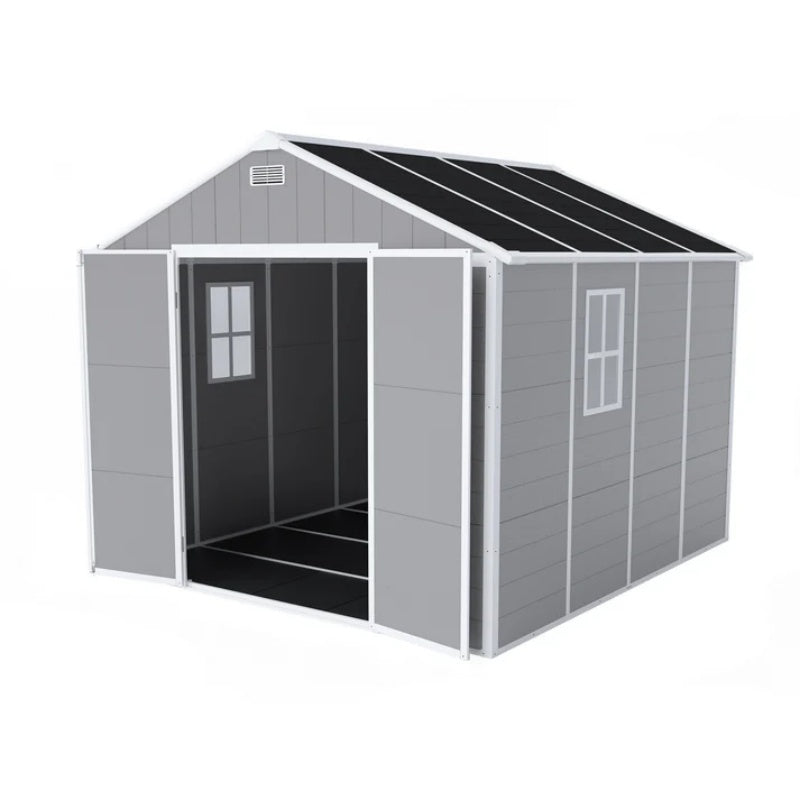 Campcraft 8*8ft resin storage shed, high quality pp material, strong structure, waterproof, rust and UV proof, large storage space, 12mm thick pp board, HD window lighting-海智集-Default-