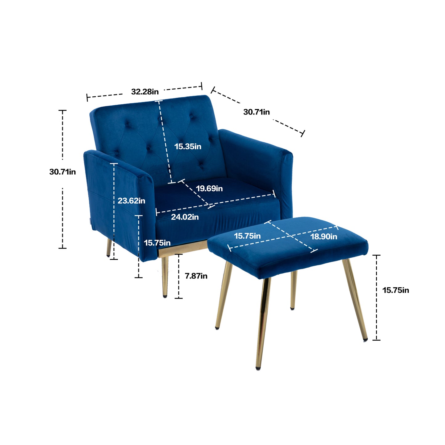 COOLMORE Velvet Accent Chair with Adjustable Armrests and Backrest, Button Tufted Lounge Chair, Single Recliner Armchair with Ottoman-海智集-Default-