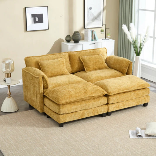 UNITED WE WIN Chenille fabric, solid construction, the overall structure of the sofa is stable, detachable armrests, two foot stools and two-seat sofa with side pockets-海智集-Default-