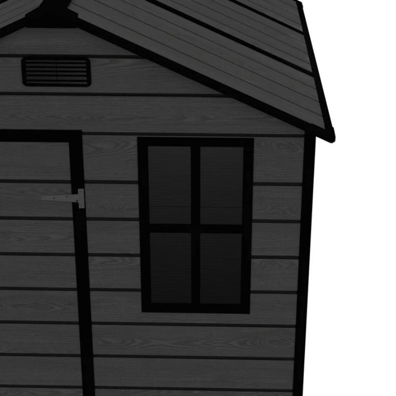 Campcraft 6*6ft resin storage shed, high quality pp material, strong structure, waterproof, rust and UV proof, large storage space, 12mm thick pp board, HD window lighting Black wood grain color-海智集-Default-