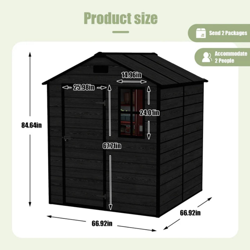 Campcraft 6*6ft resin storage shed, high quality pp material, strong structure, waterproof, rust and UV proof, large storage space, 12mm thick pp board, HD window lighting Black wood grain color-海智集-Default-