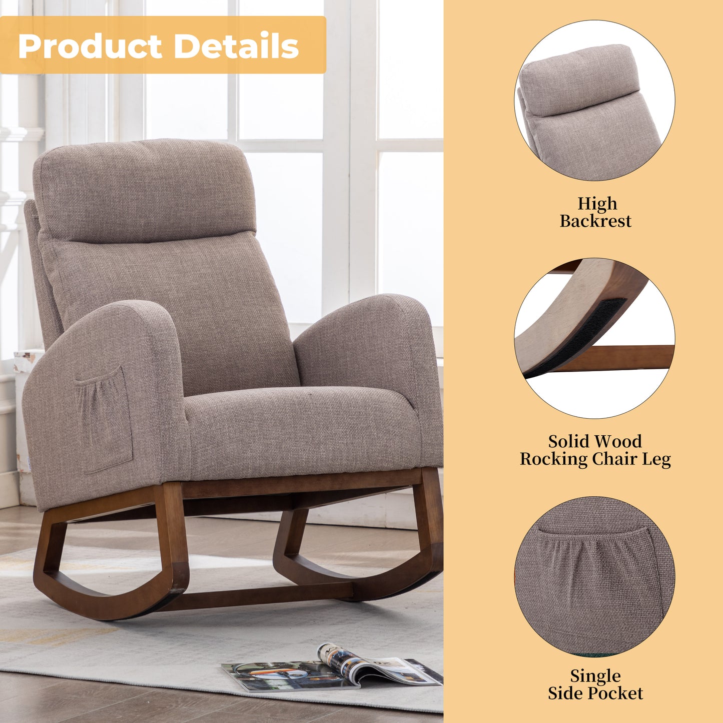 Rocking Chair, Modern Glider Chair, Recliner Armchair with Wood Legs and Side Pocket, Nursery Rocking Accent Chair with High Back for Living Room Bedroom (Grey linen)-海智集-Default-