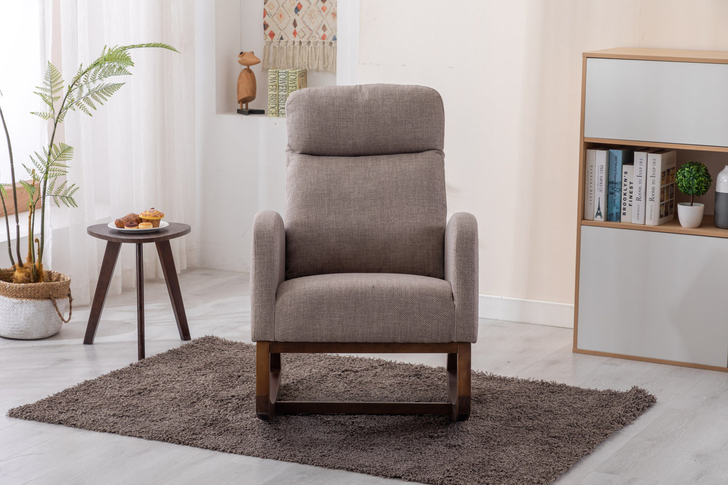Rocking Chair, Modern Glider Chair, Recliner Armchair with Wood Legs and Side Pocket, Nursery Rocking Accent Chair with High Back for Living Room Bedroom (Grey linen)-海智集-Default-