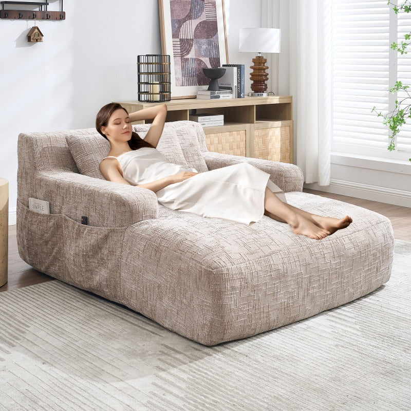Chenille Interior Lazy Sofa Chaise Longue Armchair with Pillows and Armrests in Khaki-海智集-Default-