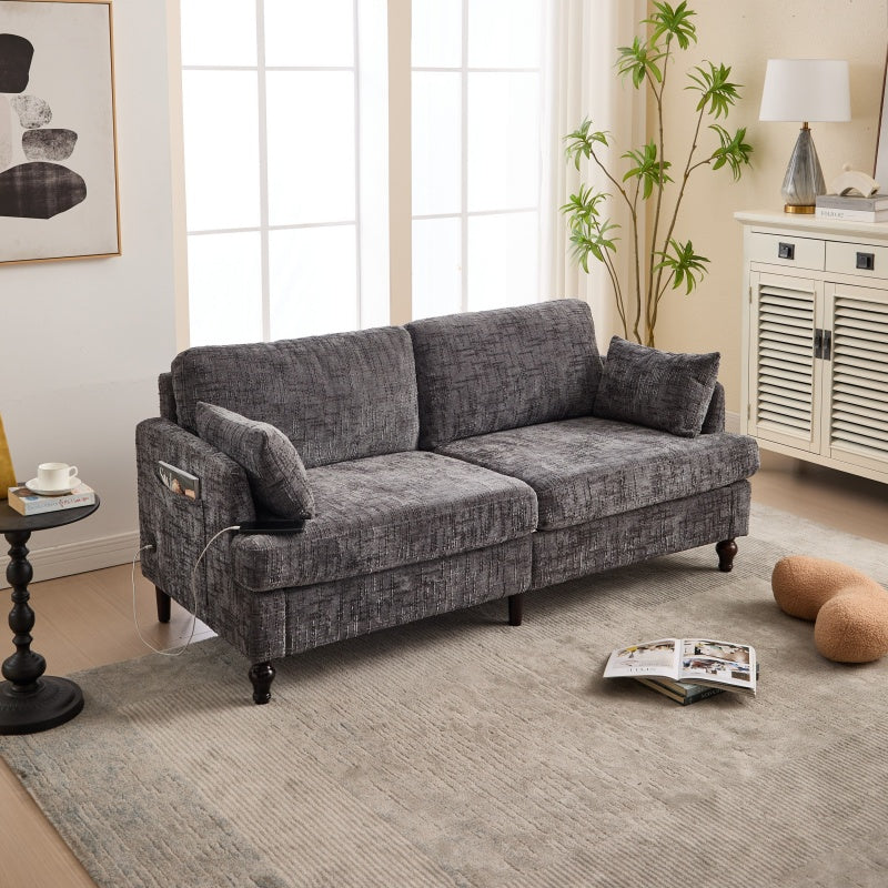 Modern Style Chenille 2-Seater Sofa with LED Light, USB Port, and Storage Bag in Gray-海智集-Default-