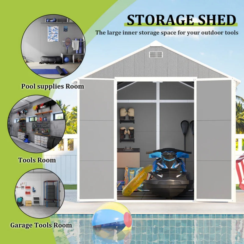 Campcraft 8*8ft resin storage shed, high quality pp material, strong structure, waterproof, rust and UV proof, large storage space, 12mm thick pp board, HD window lighting-海智集-Default-