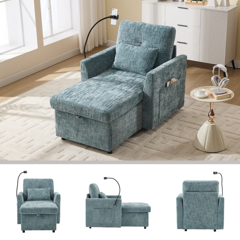 Multifunctional Chenille Recliner with Storage and Phone Bracket for Small Spaces in Lake Blue-海智集-Default-