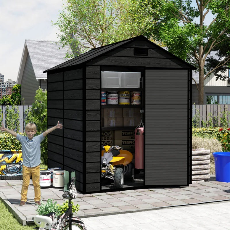 Campcraft 6*6ft resin storage shed, high quality pp material, strong structure, waterproof, rust and UV proof, large storage space, 12mm thick pp board, HD window lighting Black wood grain color-海智集-Default-