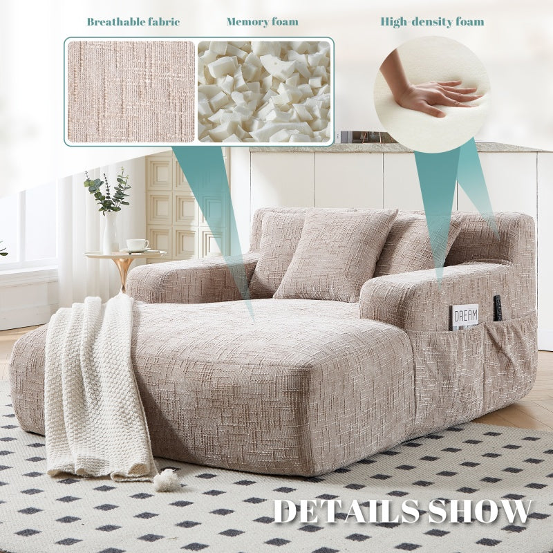 Chenille Interior Lazy Sofa Chaise Longue Armchair with Pillows and Armrests in Khaki-海智集-Default-