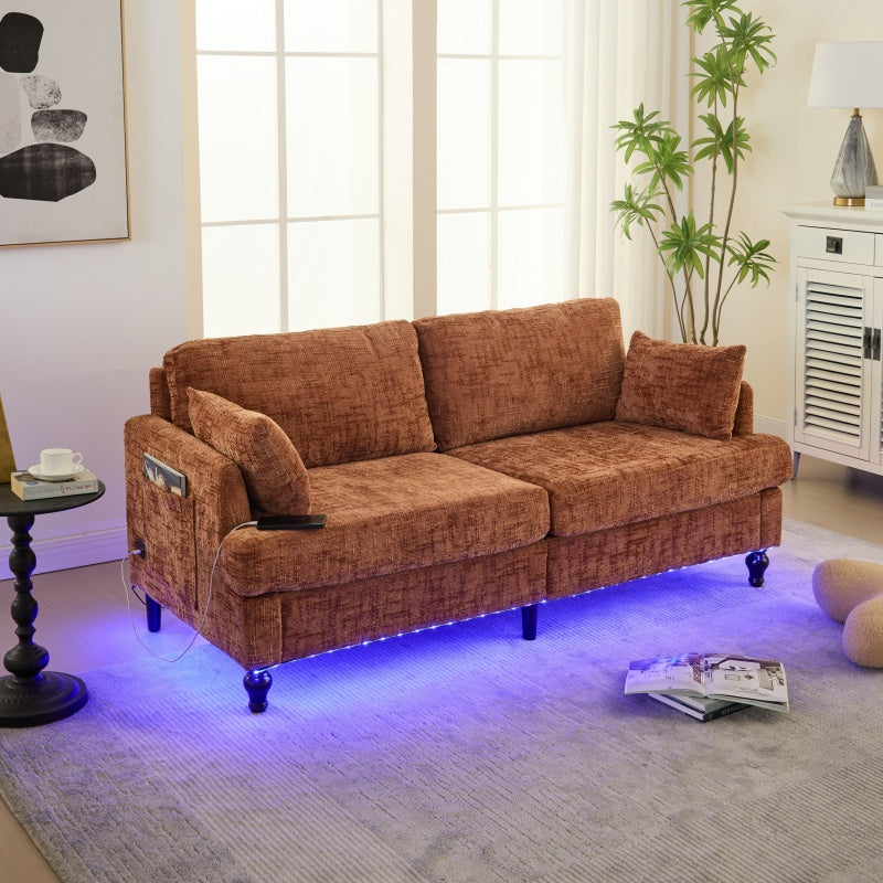 Modern Style Chenille 2-Seater Sofa with LED Light, USB Charging Port & Storage Bag in Orange-海智集-Default-
