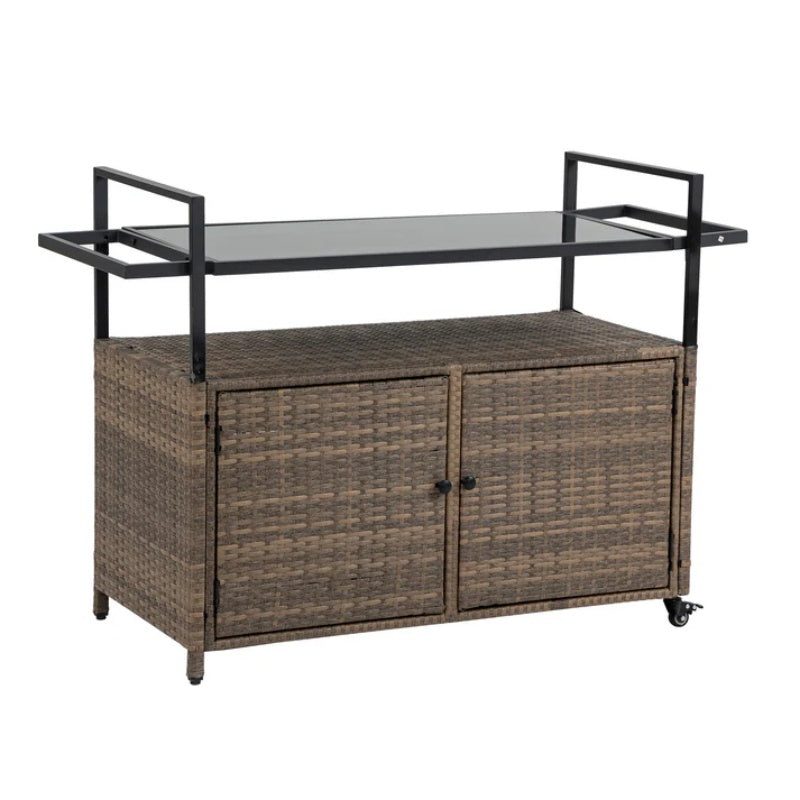 Outdoor Wicker Bar Cart, Patio Wine Serving Cart w/Wheels , Rolling Rattan Beverage Bar Counter Table w/Glass Top for Porch Backyard Garden Poolside Party, Light brown-海智集-Default-