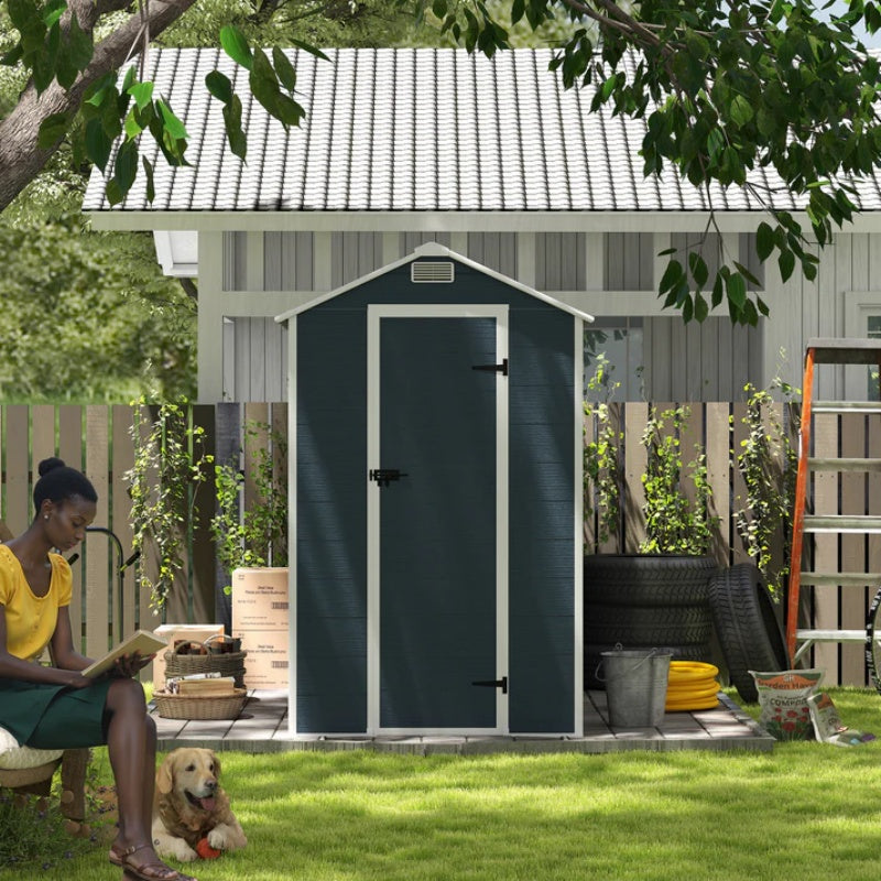 Campcraft 4*8ft resin storage shed, high quality pp material, strong structure, waterproof, rust and UV proof, large storage space, 12mm thick pp board, HD window lighting Dark gray-海智集-Default-