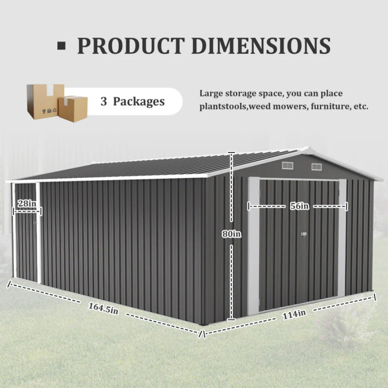 Campcraft Outdoor Storage Shed 10×14 FT with 3 Lockable Doors,Utility Tool Shed Metal Storage Garden Sheds Frame and 4 Vents,for Backyard,Patio,Lawn,dark Grey-海智集-Default-