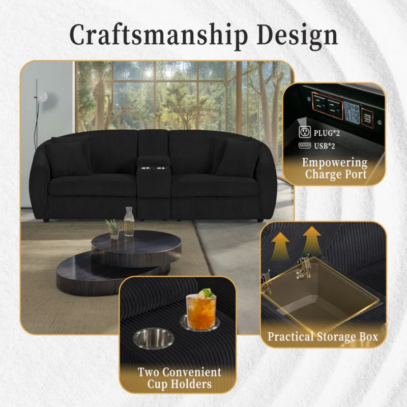 UNITED WE WIN corduroy fabric, two cup holders, storage, oversized two-seat, solid wood frame, high quality sponge filling, curved placement sofa-海智集-Default-
