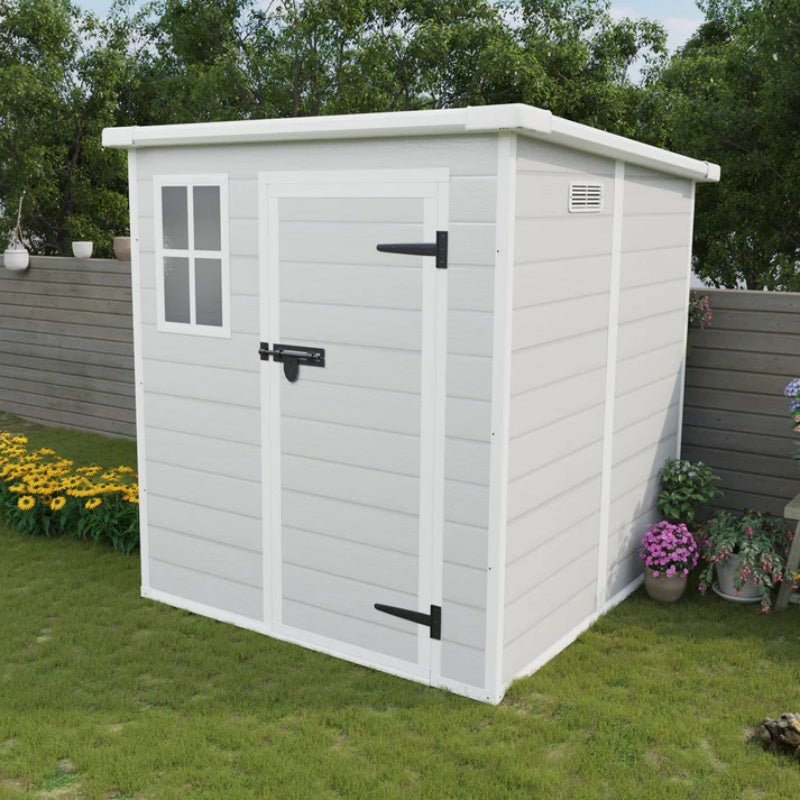6x6 FT Storage Shed, Waterproof Resin Outdoor Storage Shed with Floor & Window & Lockable Doors and Vents, Tool Shed for Bike, Garden, Backyard,Lawn, All Weather Use, Light Grey-海智集-Default-