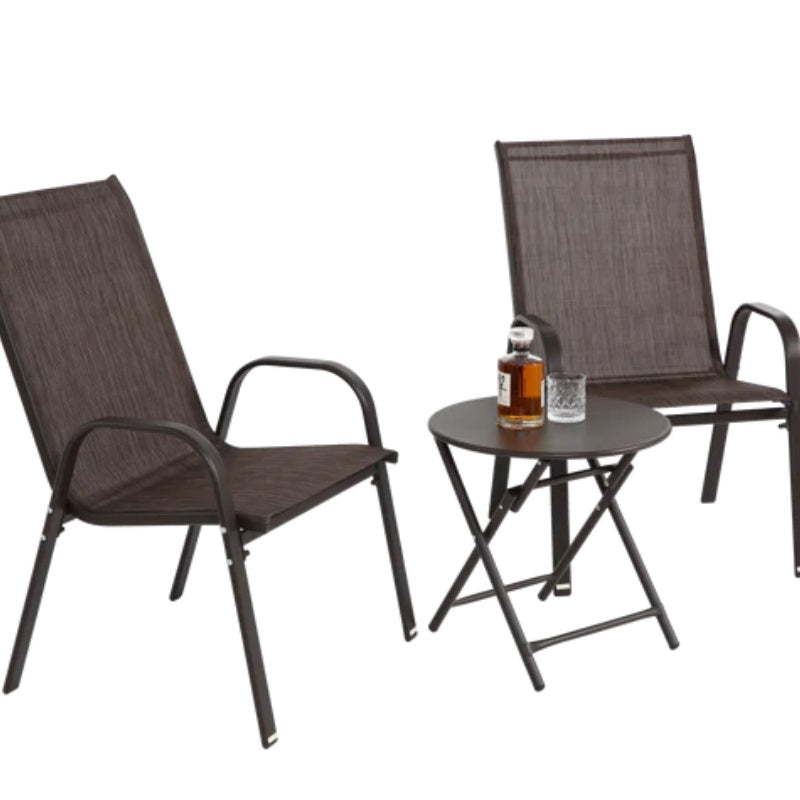 3 Piece Patio set, Outdoor Camping Chairs with Breathable Textilene Fabric, folding table with steel table top, 2chairs and 1table set ( Brown)-海智集-Default-