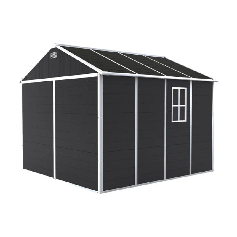 Campcraft 8*8ft resin storage shed, high quality pp material, strong structure, waterproof, rust and UV proof, large storage space, 12mm thick pp board, HD window lighting Dark gray-海智集-Default-