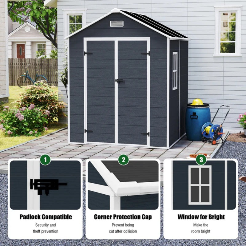 Campcraft 6*6ft resin storage shed, high quality pp material, strong structure, waterproof, rust and UV proof, large storage space, 12mm thick pp board, HD window lighting Dark gray-海智集-Default-