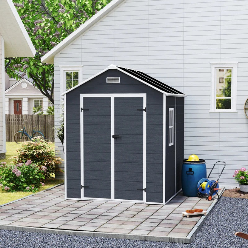 Campcraft 6*6ft resin storage shed, high quality pp material, strong structure, waterproof, rust and UV proof, large storage space, 12mm thick pp board, HD window lighting Dark gray-海智集-Default-