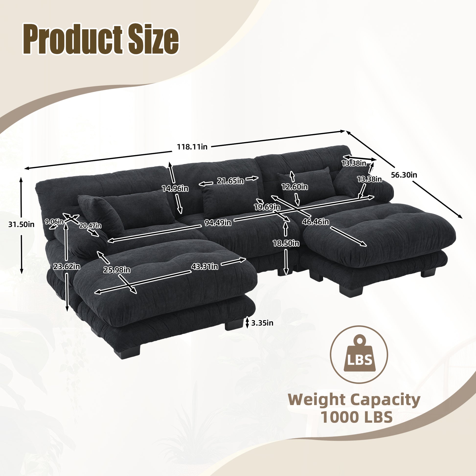 UNITED WE WIN Pelletized velvet U Shape Cloud Couch with 2 Ottomans,Free Combined 3 Seater Comfy Sofa with Bolster Armrest Pillows, sofa for Living Room-海智集-Default-