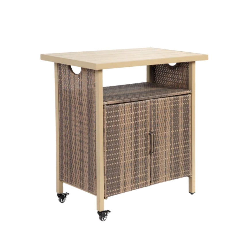 Outdoor Wicker Bar Cart, Patio Wine Serving Cart w/Wheels , Rolling Rattan Beverage Bar Counter Table w/Glass Top for Porch Backyard Garden Poolside Party, Light brown-海智集-Default-
