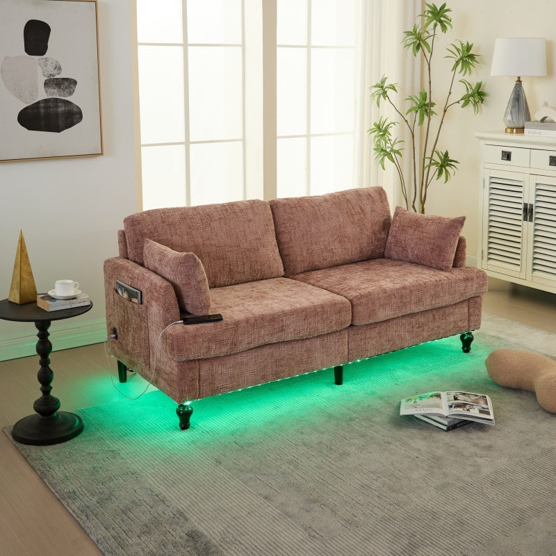 Modern Chenille 2-Seater Sofa with LED Light, USB Port, and Storage Bag in Pink-海智集-Default-