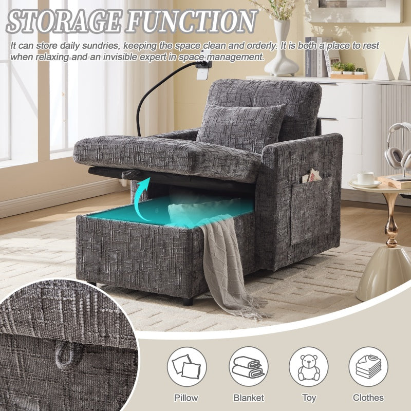 Multifunctional Recliner with Storage Backrest and Cell Phone Bracket in Gray Chenille for Living Room and Bedroom-海智集-Default-