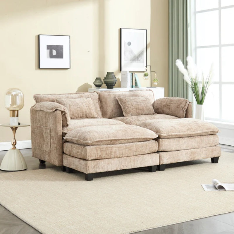 UNITED WE WIN Chenille fabric, solid construction, the overall structure of the sofa is stable, detachable armrests, two foot stools and two-seat sofa with side pockets-海智集-Default-