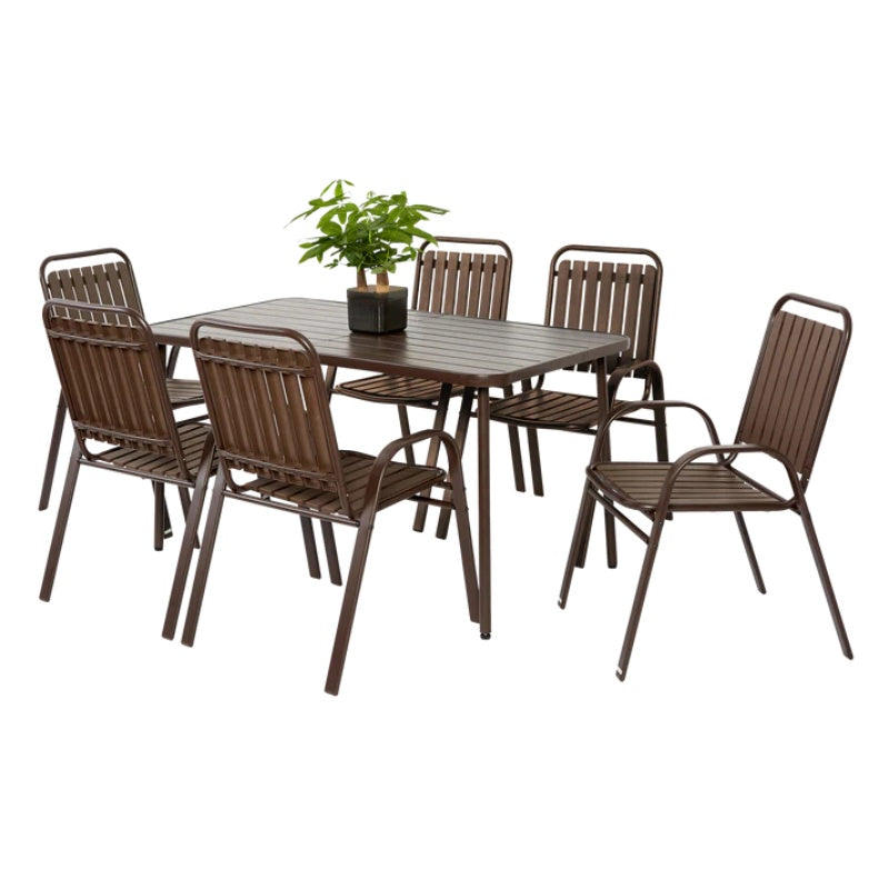 7 Pieces Patio Dining Set, Plastic chair and steel table Outdoor Set, plastic Chairs and Table Set for Garden Patio, Brown-海智集-Default-