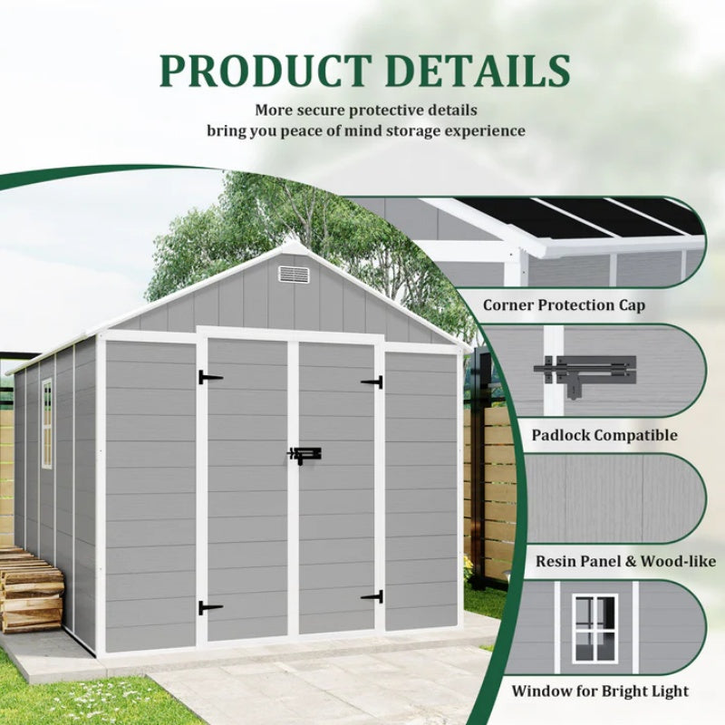 Campcraft 8*8ft resin storage shed, high quality pp material, strong structure, waterproof, rust and UV proof, large storage space, 12mm thick pp board, HD window lighting-海智集-Default-