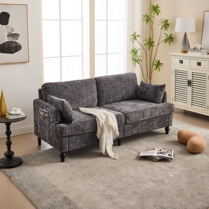 Modern Style Chenille 2-Seater Sofa with LED Light, USB Port, and Storage Bag in Gray-海智集-Default-