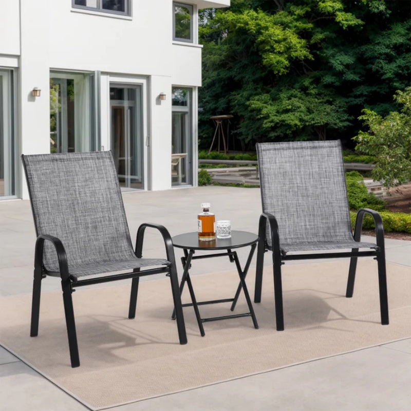 3 Piece Patio set, Outdoor Camping Chairs with Breathable Textilene Fabric, folding table with steel table top, 2chairs and 1table set ( Grey)-海智集-Default-