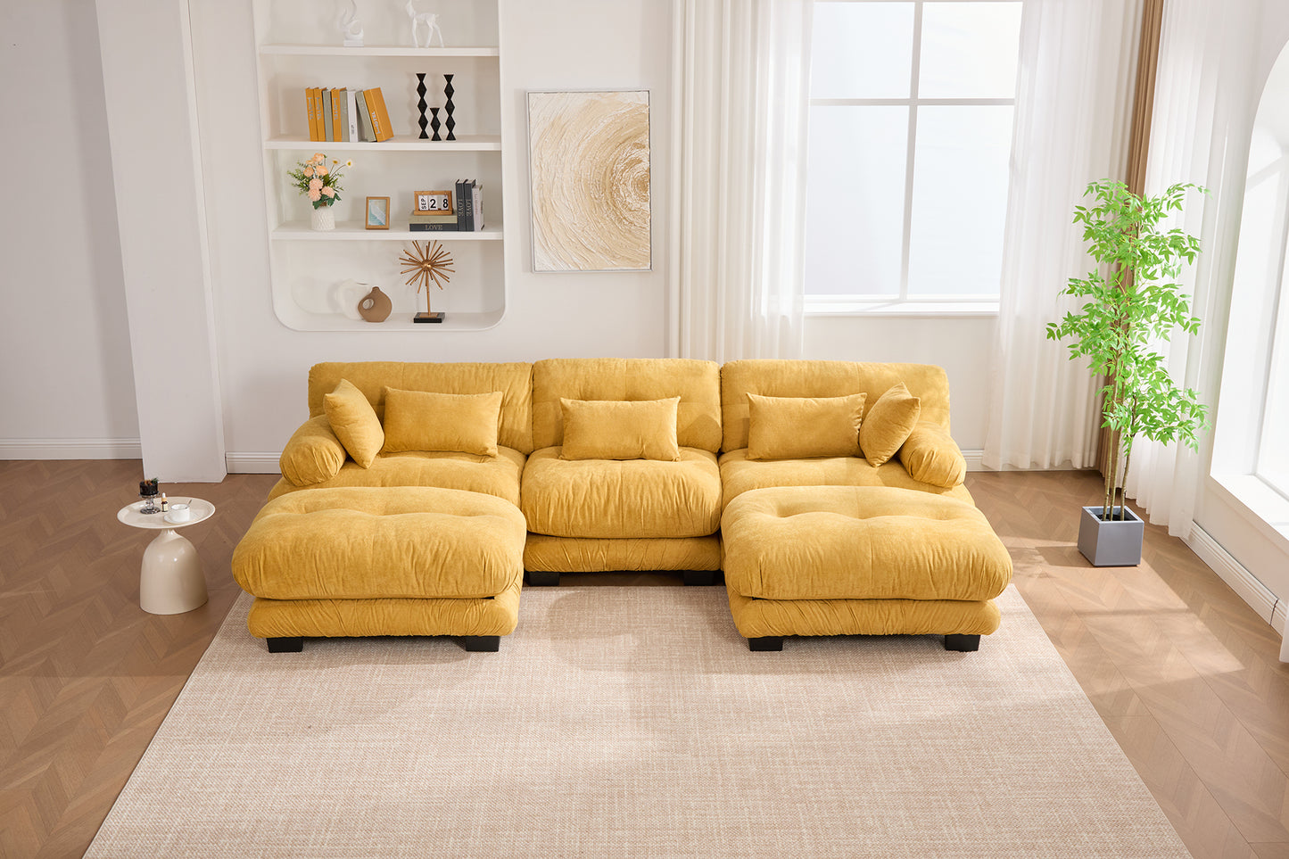 UNITED WE WIN Pelletized velvet U Shape Cloud Couch with 2 Ottomans,Free Combined 3 Seater Comfy Sofa with Bolster Armrest Pillows, sofa for Living Room-海智集-Default-