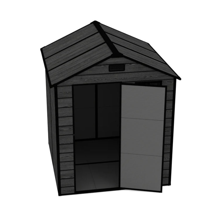 Campcraft 6*6ft resin storage shed, high quality pp material, strong structure, waterproof, rust and UV proof, large storage space, 12mm thick pp board, HD window lighting Black wood grain color-海智集-Default-