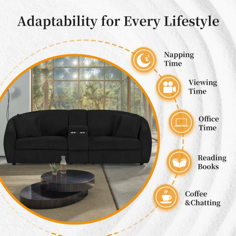 UNITED WE WIN corduroy fabric, two cup holders, storage, oversized two-seat, solid wood frame, high quality sponge filling, curved placement sofa-海智集-Default-
