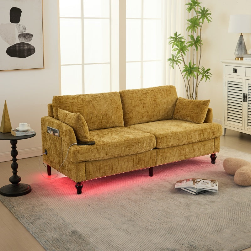 Modern Style Chenille 2-Seater Sofa with LED Light, USB Port & Storage Bag, Mustard Yellow, Rubber Wood Legs-海智集-Default-