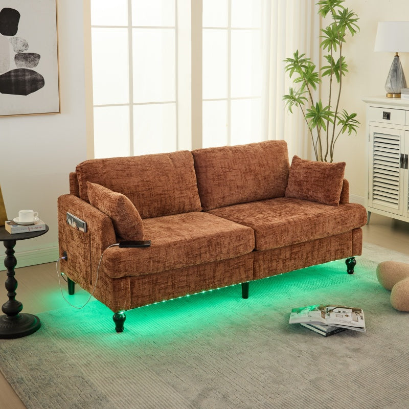 Modern Style Chenille 2-Seater Sofa with LED Light, USB Charging Port & Storage Bag in Orange-海智集-Default-