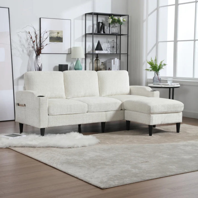 UNITED WE WIN Sofa for three, solid wood frame, Chenille fabric, side pocket, with two cup holders, footstool with storagestorage sofa /Living room sofa cozy sectional sofa-海智集-Default-