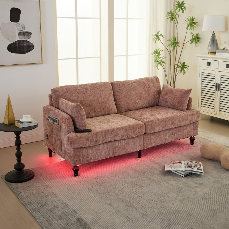 Modern Chenille 2-Seater Sofa with LED Light, USB Port, and Storage Bag in Pink-海智集-Default-