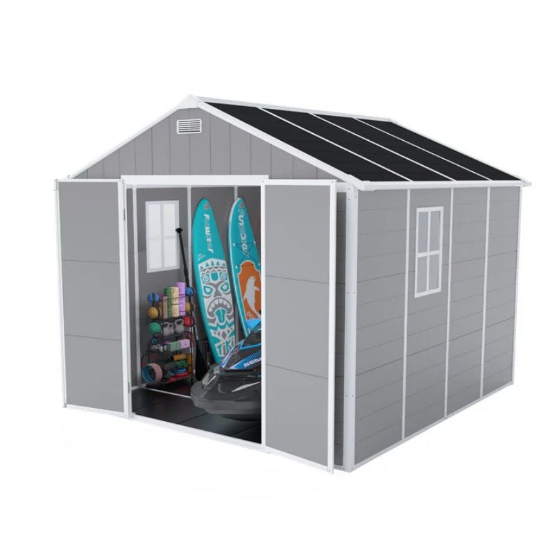 Campcraft 8*8ft resin storage shed, high quality pp material, strong structure, waterproof, rust and UV proof, large storage space, 12mm thick pp board, HD window lighting-海智集-Default-