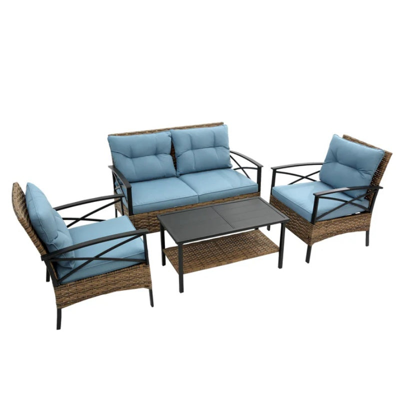 Patio 4 piece sectional low dining conversation sofa set- KD rattan wicker outdoor garden furniture corner sofa set with cushion.-海智集-Default-