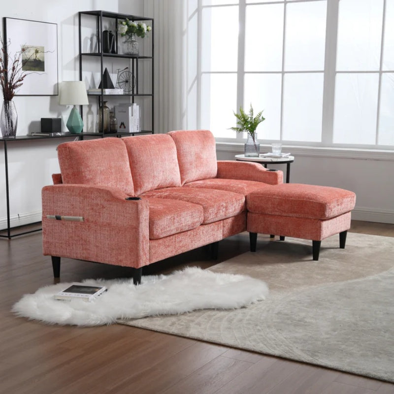 UNITED WE WIN Sofa for three, solid wood frame, Chenille fabric, side pocket, with two cup holders, footstool with storagestorage sofa /Living room sofa cozy sectional sofa-海智集-Default-