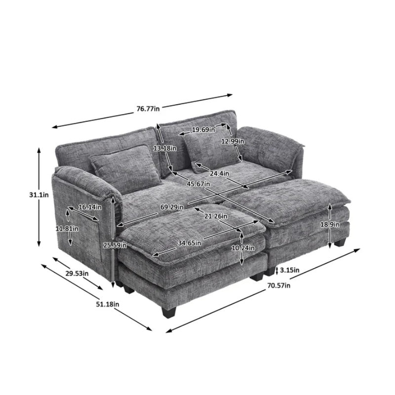 UNITED WE WIN Chenille fabric, solid construction, the overall structure of the sofa is stable, detachable armrests, two foot stools and two-seat sofa with side pockets-海智集-Default-