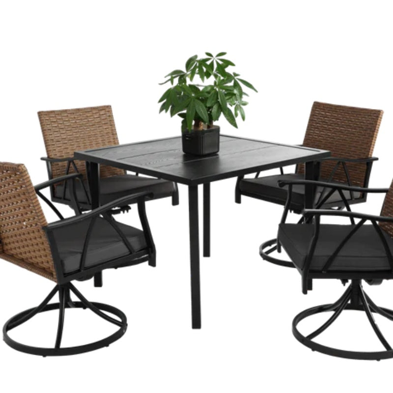 5 Piece Patio Dining Set for 4,Outdoor Wicker Furniture Set for Backyard Garden Deck Poolside with 4 Cushions Swivel Rocker Chairs,steel Table Top, Removable Cushions-海智集-Default-