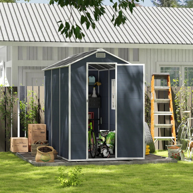 Campcraft 4*8ft resin storage shed, high quality pp material, strong structure, waterproof, rust and UV proof, large storage space, 12mm thick pp board, HD window lighting Dark gray-海智集-Default-