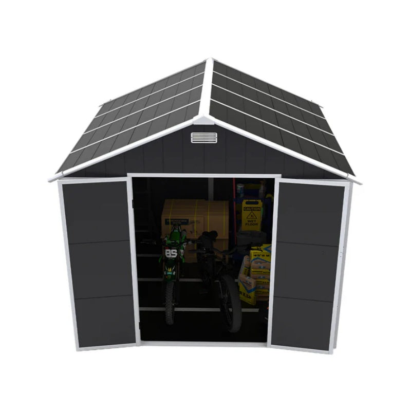 Campcraft 8*8ft resin storage shed, high quality pp material, strong structure, waterproof, rust and UV proof, large storage space, 12mm thick pp board, HD window lighting Dark gray-海智集-Default-
